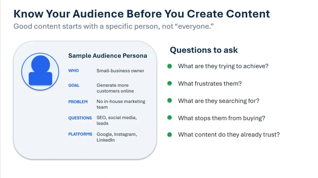 Sample audience persona showing goals, problems, questions, and preferred platforms